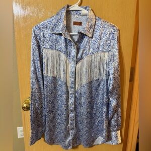 Scully Blue and White Floral Fringe Shirt